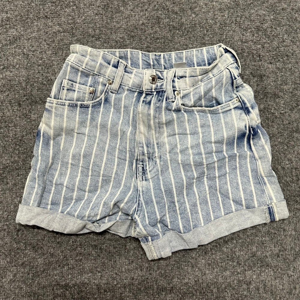 H&M &Denim Shorts Womens Size 2 Blue Striped High Waist Cuffed Casual Summer